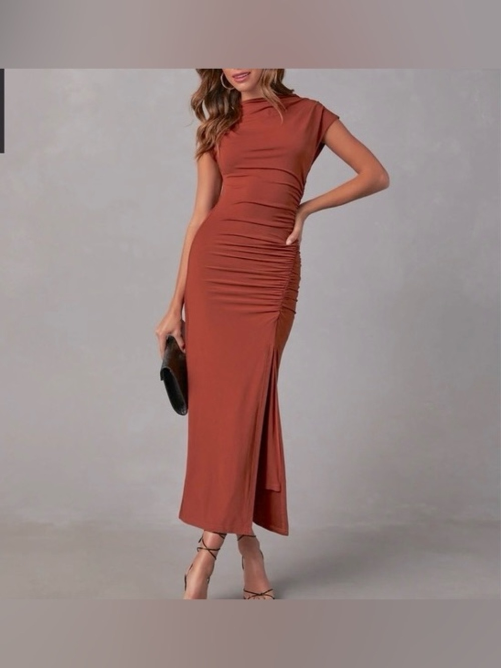 Vici Elisabeth Mock Neck Side Slit Ruched Midi Dress